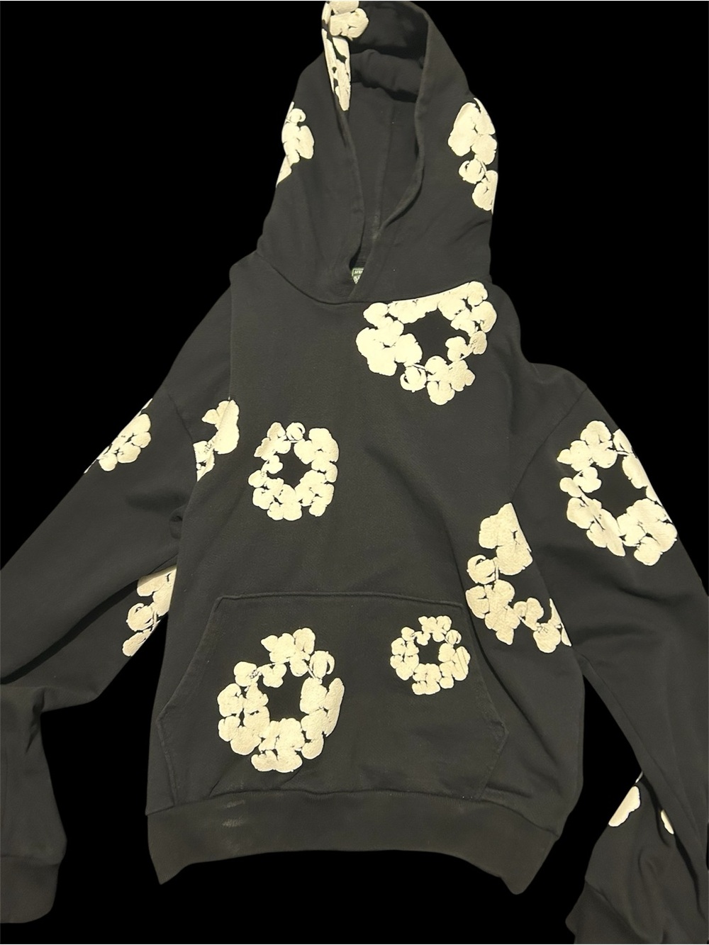 Black Hoodie with Cream Floral Ring Accents